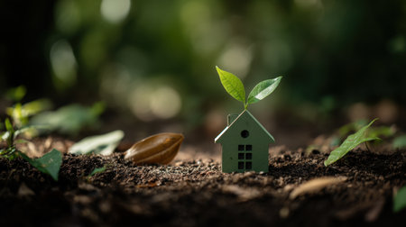 A serene image capturing a green house model with emerging leaves, symbolizing growth and sustainability in a rich and vibrant natural setting.の素材