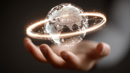 A captivating representation of a digital globe in a hand, featuring glowing orbits and network connections, symbolizing advances in global technology and communication.の素材