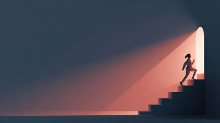 A minimalist image depicting a person ascending steps towards a bright light, symbolizing hope and personal growth, evoking feelings of inspiration and motivation.の素材