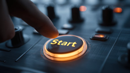 A close-up view of a finger about to press the start button on a high-tech audio mixer in a professional studio setting, symbolizing the initiation of a creative process.の素材
