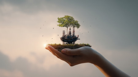 A surreal image of a hand holding a floating island featuring a tree and oil rig, representing the intersection of nature and energy while promoting sustainability and environmental awareness.の素材
