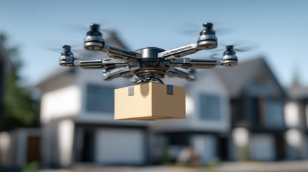 A drone hovers above a suburban neighborhood, delivering a package. This image illustrates advancements in delivery technology and modern living, showcasing convenience and innovation.の素材