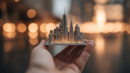 A captivating miniature cityscape model held in a hand, showcasing intricate architecture, set against a beautifully blurred background of warm lights, perfect for creative presentations.の素材