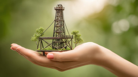 A hand cradles a tiny oil rig model, representing the intersection of energy and nature, emphasizing sustainability and innovative construction in a harmonious environment.の素材