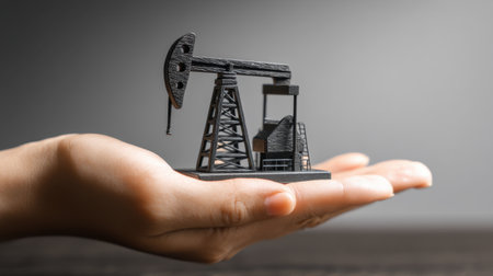 A hand carefully supports a miniature model of an oil pump jack, symbolizing the energy industry and natural resource extraction, set against a dark background.の素材