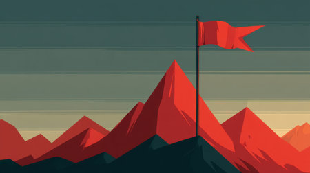 This captivating illustration features vibrant red mountains under a serene sunrise, with a bold flag symbolizing adventure. Perfect for themes of exploration and nature.の素材