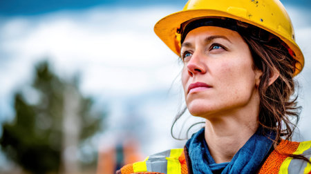 A confident female construction worker stands outdoors in a hard hat and safety vest. She gazes toward the horizon, embodying determination and professionalism in her field.の素材