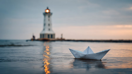 A serene paper boat drifts on calm water with a picturesque lighthouse in the background during twilight, capturing a moment of simplicity and tranquility by the coast.の素材
