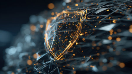 This abstract digital artwork showcases a glowing shield symbol intertwined with geometric lines and particles, representing themes of protection and cybersecurity innovation.の素材