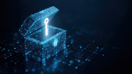 A digital treasure chest illuminated by a glowing key symbol represents access to secure data and information, embodying the essence of modern cybersecurity and innovation.の素材