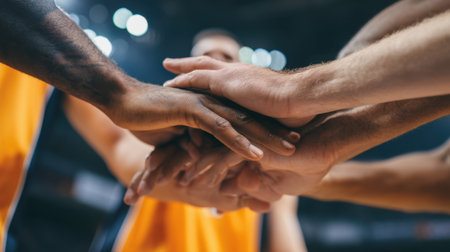 Close-up of basketball players joining hands together in a powerful gesture of unity and teamwork during a competitive game, showcasing athletic spirit and collaboration.の素材