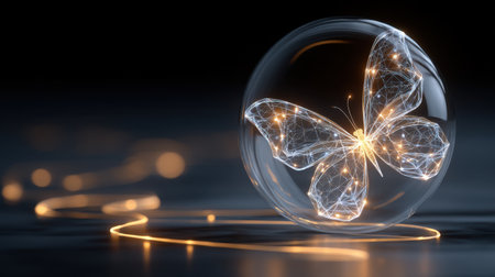 An enchanting depiction of a butterfly inside a transparent sphere, illuminated by gentle glowing lights, creating a captivating digital art composition evoking beauty and imagination.の素材