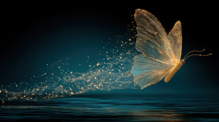 A mesmerizing golden butterfly gracefully soars over a tranquil water surface, leaving a trail of sparkling light against a dark background, symbolizing beauty and freedom.の素材