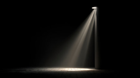 This captivating image features a solitary spotlight casting delicate beams of light in a dark space, creating an intriguing and mysterious atmosphere perfect for artistic projects.の素材