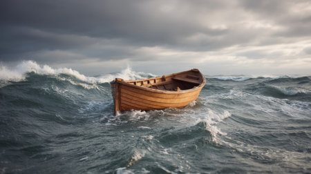 A solitary wooden boat floats through rough ocean waves, surrounded by an atmospheric sky. This image captures the beauty of nature and the struggle against adversity.の素材
