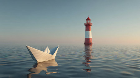 A tranquil coastal scene features a paper boat on calm waters beside a charming lighthouse, evoking feelings of peace, freedom, and imaginative exploration.の素材