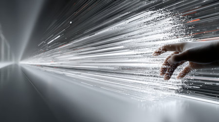 A captivating abstract image featuring a hand reaching towards a dynamic burst of light and data particles, symbolizing innovation and digital exploration in modern technology.の素材