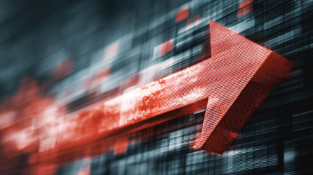 This abstract image features a vibrant red arrow pointing upwards, symbolizing growth and success in various industries, set against a dynamic blurred background.の素材