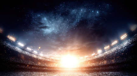 A captivating view of an empty sports stadium during sunset, with vibrant lights illuminating the field under a stunning starry night sky. Perfect for sports photography.の素材
