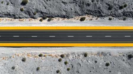 This aerial photograph captures a serene highway with yellow markings, flanked by arid land and sparse vegetation, showcasing a peaceful travel route.の素材