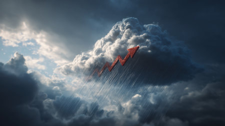 An evocative image of dark clouds with a red arrow pointing upwards represents growth and success amidst stormy weather, ideal for financial and business themes.の素材