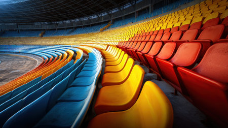 Brightly colored rows of empty stadium seats create an inviting atmosphere in this urban sports arena, showcasing architectural design with vibrant tones and unique structures.の素材