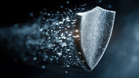 An abstract illustration of a shield represents security and protection in a digital age. This artwork features dynamic elements, symbolizing defense against threats.の素材