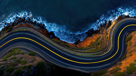 Aerial view of a scenic winding road along the coastline, showcasing vibrant blue ocean waves crashing on rocky shorelines under a clear sky, perfect for travel inspiration.の素材