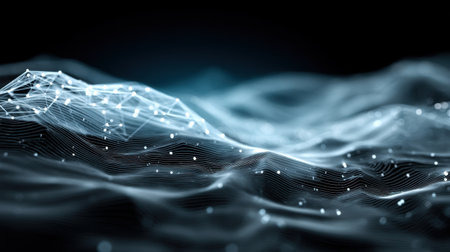 This stunning abstract image showcases digital waves illuminated by particles in a dark background, symbolizing technology and motion, perfect for modern design projects.の素材