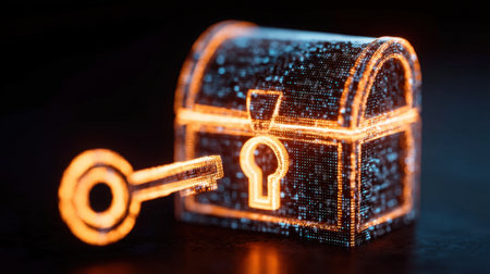 This digital illustration depicts a glowing treasure chest alongside a luminous key, symbolizing security and protection of valuable data in the digital realm.の素材