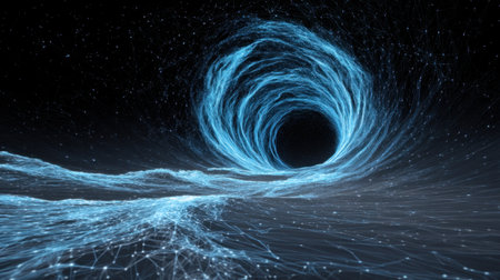 Explore a mesmerizing artistic interpretation of a wormhole featuring glowing blue light trails. The cosmic depth and mysterious atmosphere ignite the imagination of infinite journeys.の素材