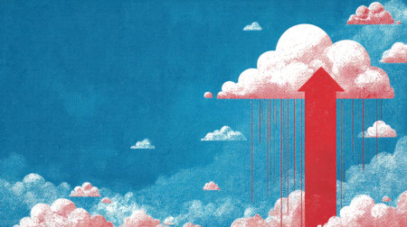 This abstract illustration features a bold red arrow rising among fluffy clouds in a vibrant blue sky, conveying themes of growth, optimism, and positive direction.の素材