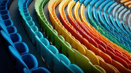 This image showcases a modern stadium with a unique arrangement of vibrant and colorful seats, offering an aesthetically pleasing view of curved lines and a cheerful atmosphere.の素材