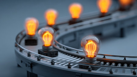 A captivating image of vintage light bulbs carefully placed on a conveyor belt, radiating a warm glow, perfect for industrial decor or creative projects.の素材