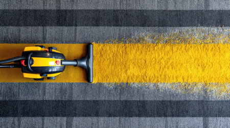 A vibrant yellow vacuum cleaner is removing dirt from a striped carpet, showcasing effective cleaning in a contemporary living space with stylish design.の素材