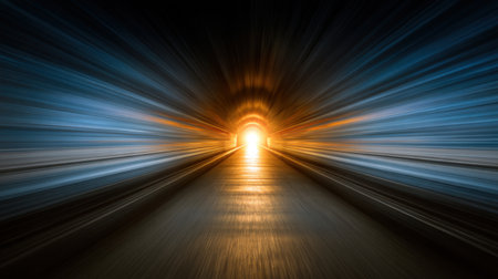 An abstract portrayal of light breaking through a dark tunnel, evoking feelings of hope and transformation. The image features dynamic movement with vibrant colors.の素材