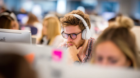 A young professional wearing headphones intensely focuses on his work in a busy office. The modern workspace highlights productivity and collaboration among teammates.の素材