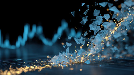 An abstract representation of dynamic crystalline fragments exploding with shimmering light against a financial graph backdrop, symbolizing volatility and innovation in data analysis.の素材