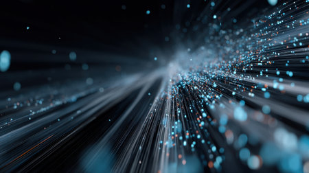 Vibrant light rays and luminous particles create a stunning abstract motion effect, evoking energy and creativity in a dark background, perfect for digital art use.の素材