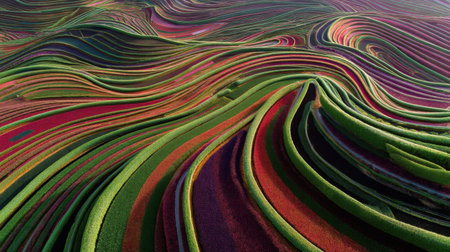 This stunning aerial photograph showcases vibrant fields in captivating patterns, illustrating the beauty of nature during the blooming season in a picturesque landscape.の素材