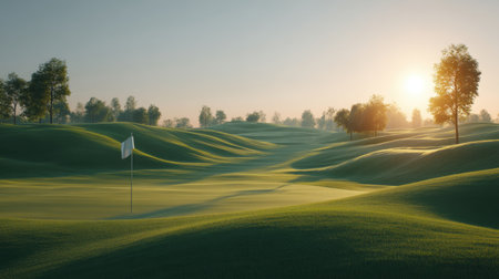 A tranquil golf course scene with lush green hills bathed in soft morning light, featuring a flag at the hole. Perfect for promoting relaxation and outdoor adventure.の素材