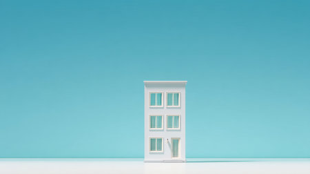 A minimalist white house stands against a bright blue background, providing a fresh and modern aesthetic perfect for design projects and visual storytelling.の素材