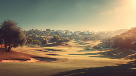 A tranquil view of a golf course during sunrise, featuring lush rolling hills and trees, creating an inviting outdoor atmosphere perfect for leisure activities.の素材