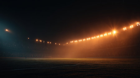 An evocative night scene of a stadium with bright lights piercing through fog, creating an atmosphere of excitement and mystery in the sports arena.の素材