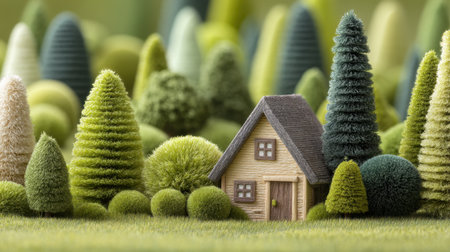 This enchanting image features a miniature wooden house nestled among lush, textured trees, creating a serene and tranquil forest landscape, ideal for nature-inspired projects.の素材