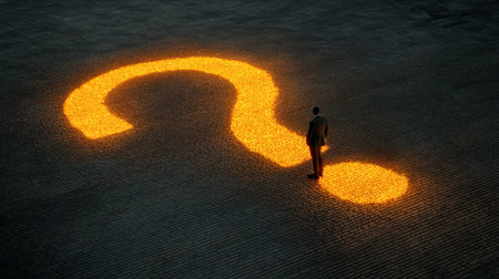 A solitary businessman stands in front of a glowing question mark on the ground, symbolizing curiosity and reflection on choices in a dark environment.の素材