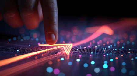 A close-up view shows a finger gently touching a vibrant digital screen displaying an arrow graph and colorful dots, symbolizing growth and technological advancement.の素材