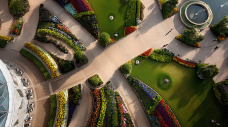 Discover the captivating beauty of a vibrant garden with pathways, colorful flowers, and a tranquil fountain, perfect for relaxation and exploration in the great outdoors.の素材