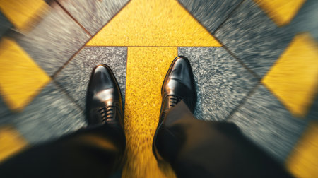 A pair of black shoes stands on a yellow directional arrow on a textured urban pathway, symbolizing choices and direction. The image evokes movement and contemplation.の素材