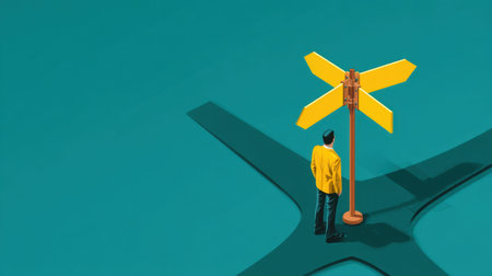 An individual wearing a bright yellow jacket stands before a yellow signpost at a crossroads, symbolizing essential decisions in a vibrant modern context.の素材